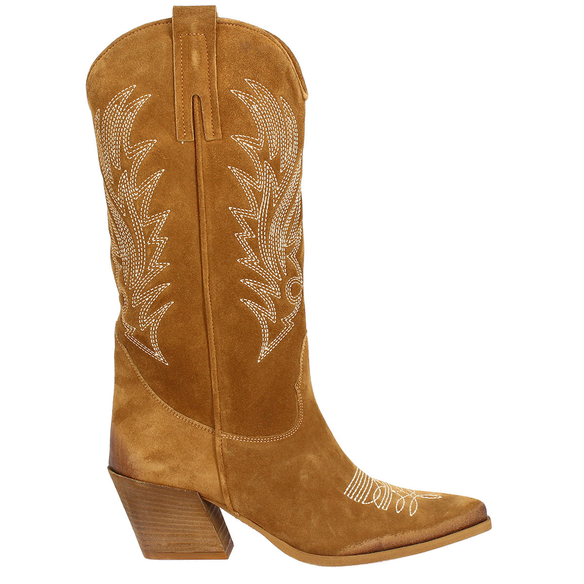 Women's Texan ankle boot in tan-colored suede with embroidery.