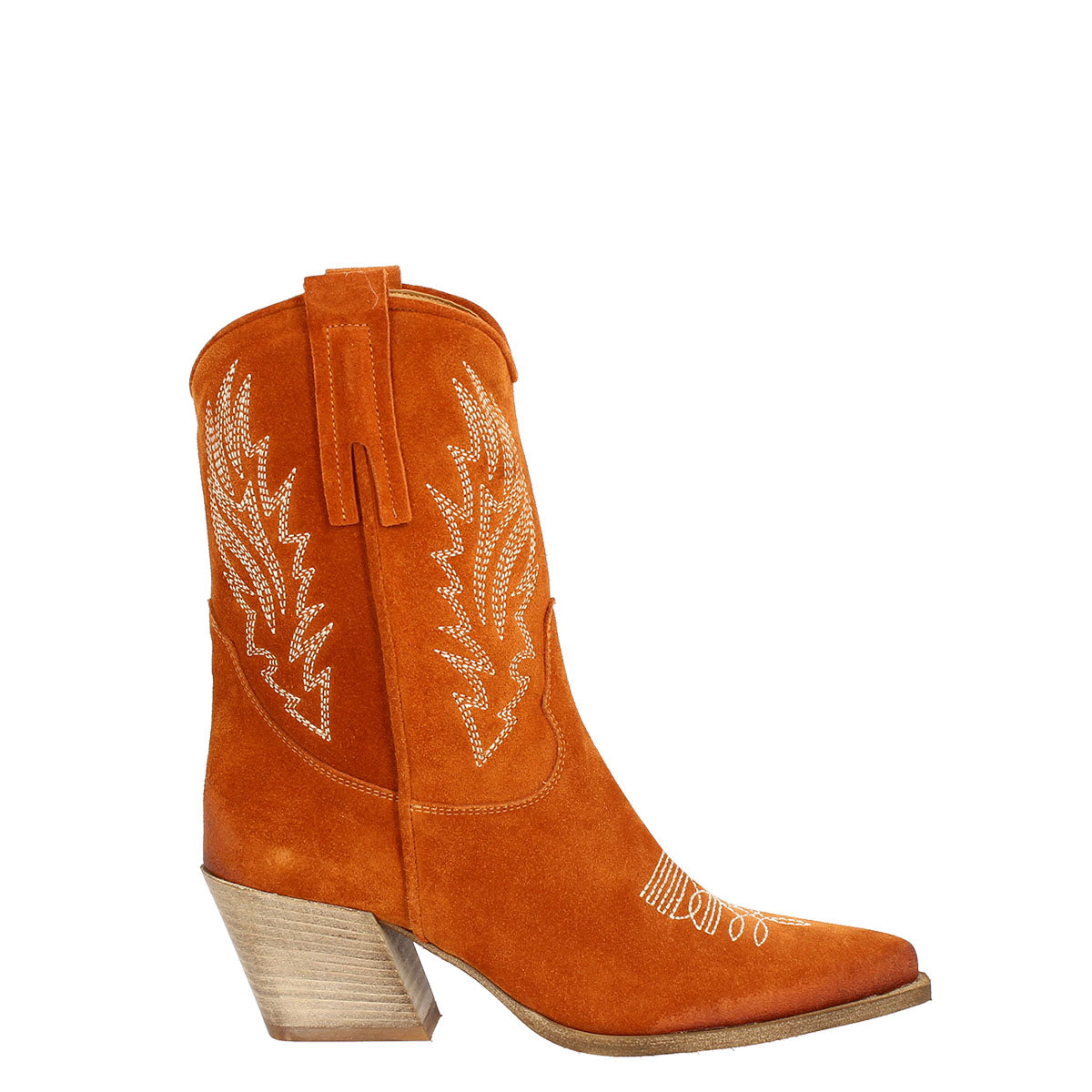 Women's Texan boot in orange suede with embroidery.