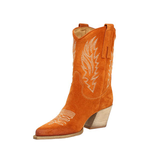 Women's Texan boot in orange suede with embroidery.