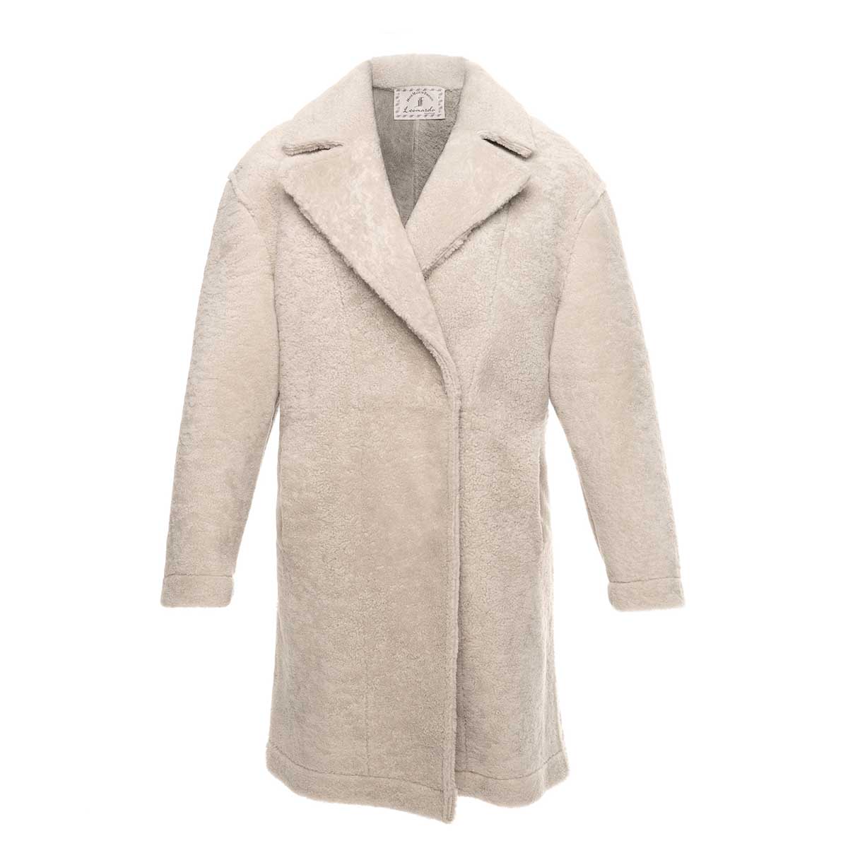 Long beige women's sheepskin coat with buttons