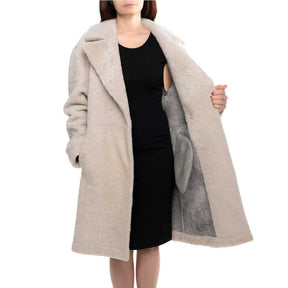 Manteau femme long en peau de mouton beige avec boutons