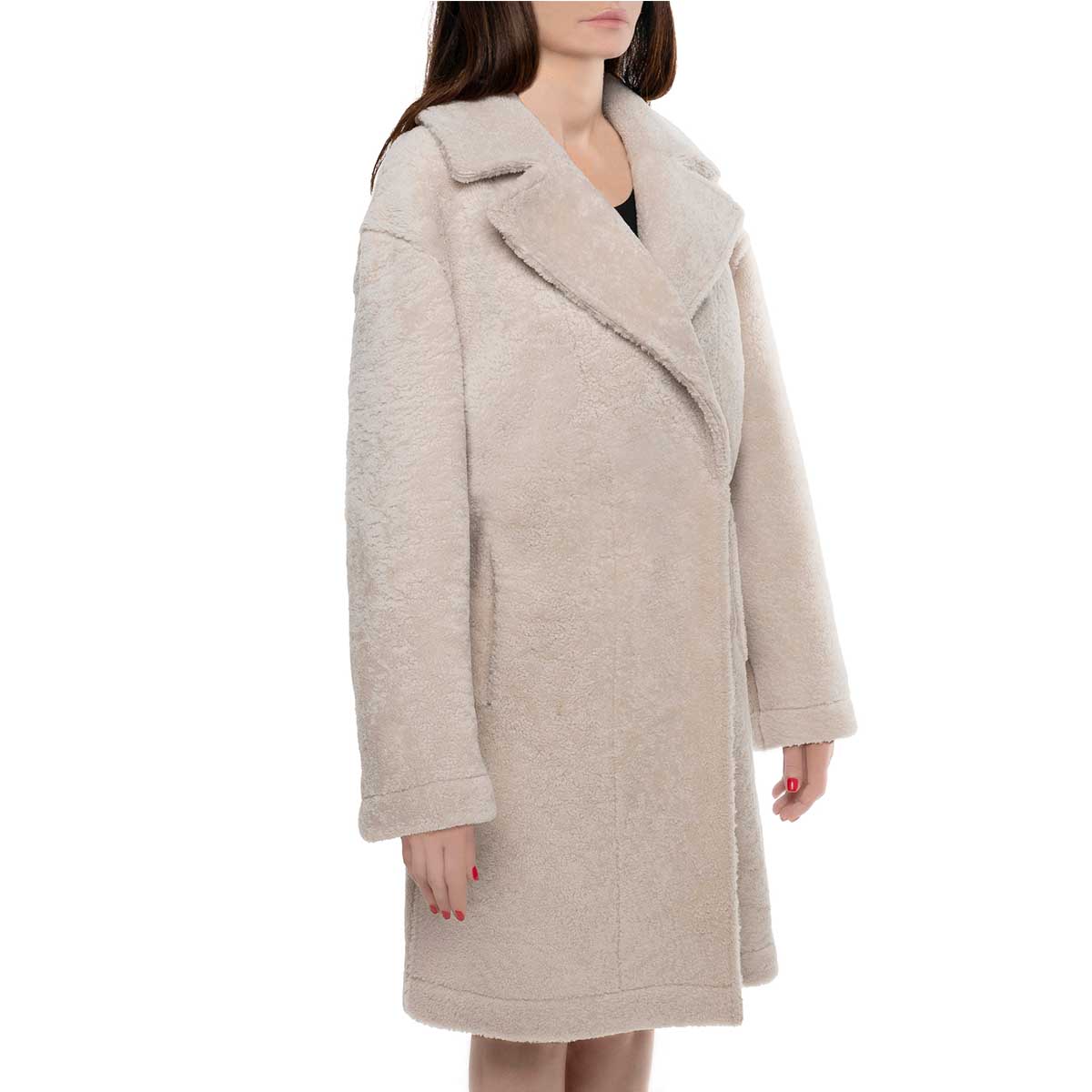 Long beige women's sheepskin coat with buttons