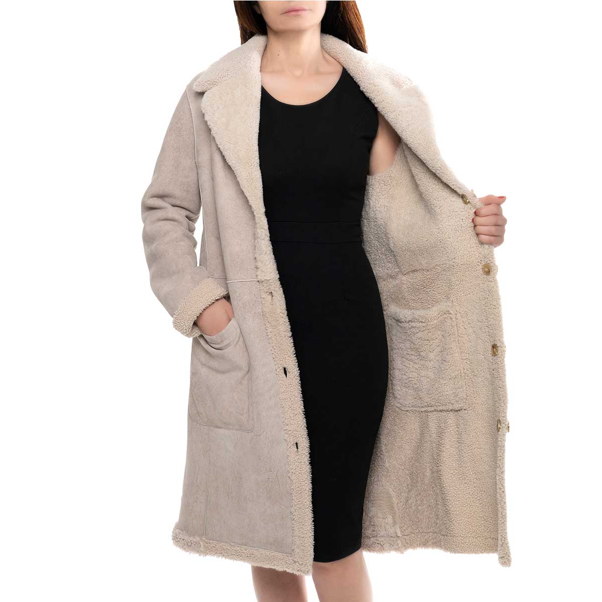 Beige women's long double-breasted reversible coat
