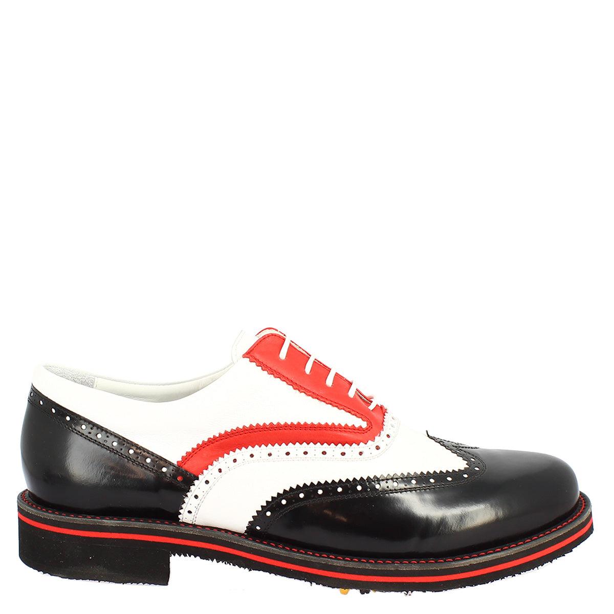 Handmade women's golf shoes in black/white/red full grain leather