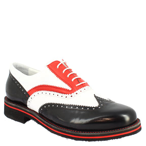 Chaussures de golf pour femme faites à la main en cuir pleine fleur noir/blanc/rouge