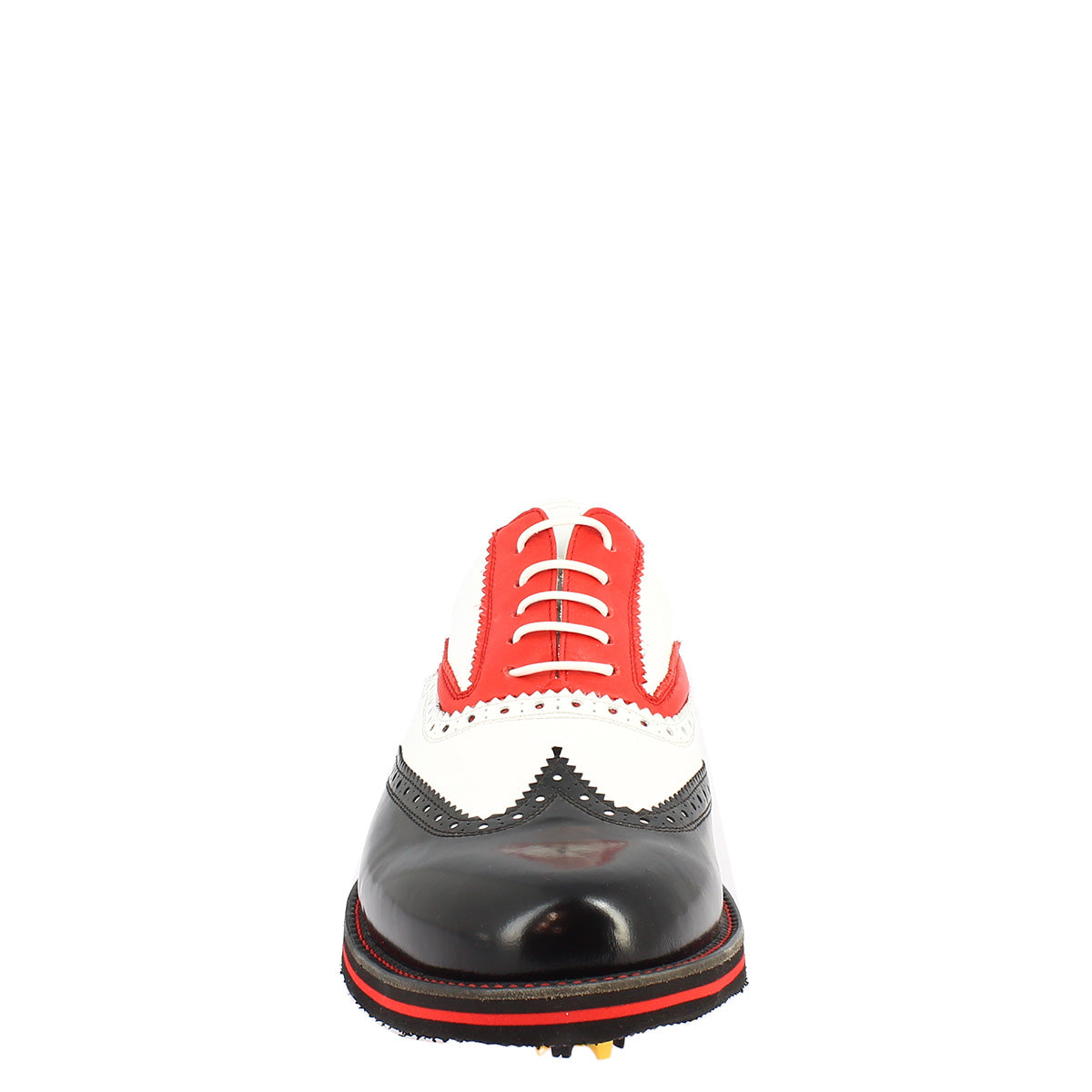Handgefertigte Herren-Golfschuhe aus schwarz-weiß-rotem Vollnarbenleder