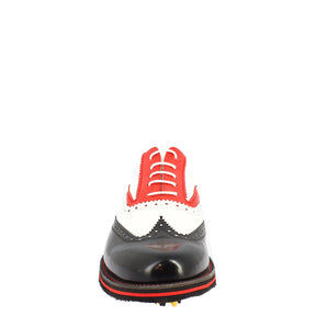 Handgefertigte Damen-Golfschuhe aus schwarz/weiß/rotem Vollnarbenleder