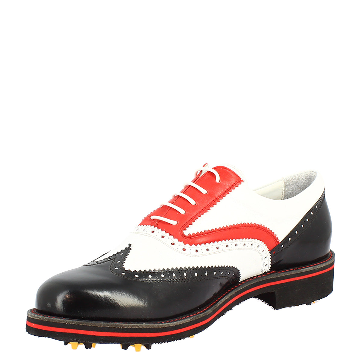 Chaussures de golf pour femme faites à la main en cuir pleine fleur noir/blanc/rouge