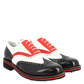 Scarpe da golf donna artigianali in pelle pieno fiore nero/bianco/rosso