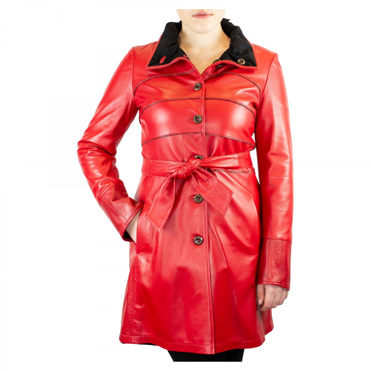 Giacca elegante da donna con cintura fatta a mano in pelle di agnello e cachemire rossa e nera