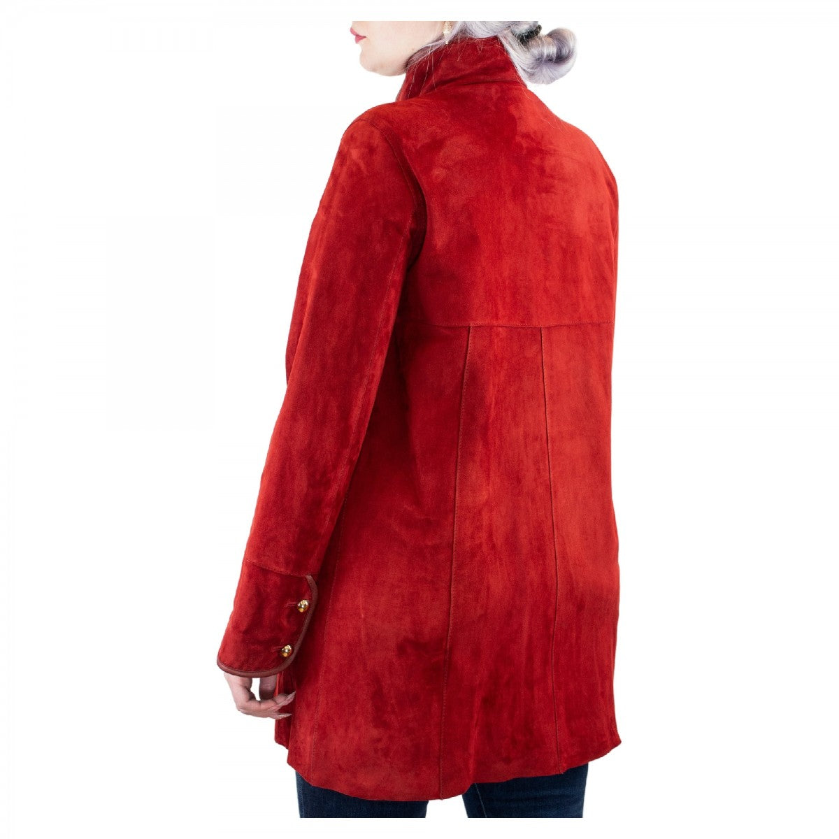 Giacca elegante reversibile Abois da donna fatta a mano in pelle di renna rossa con bottoni