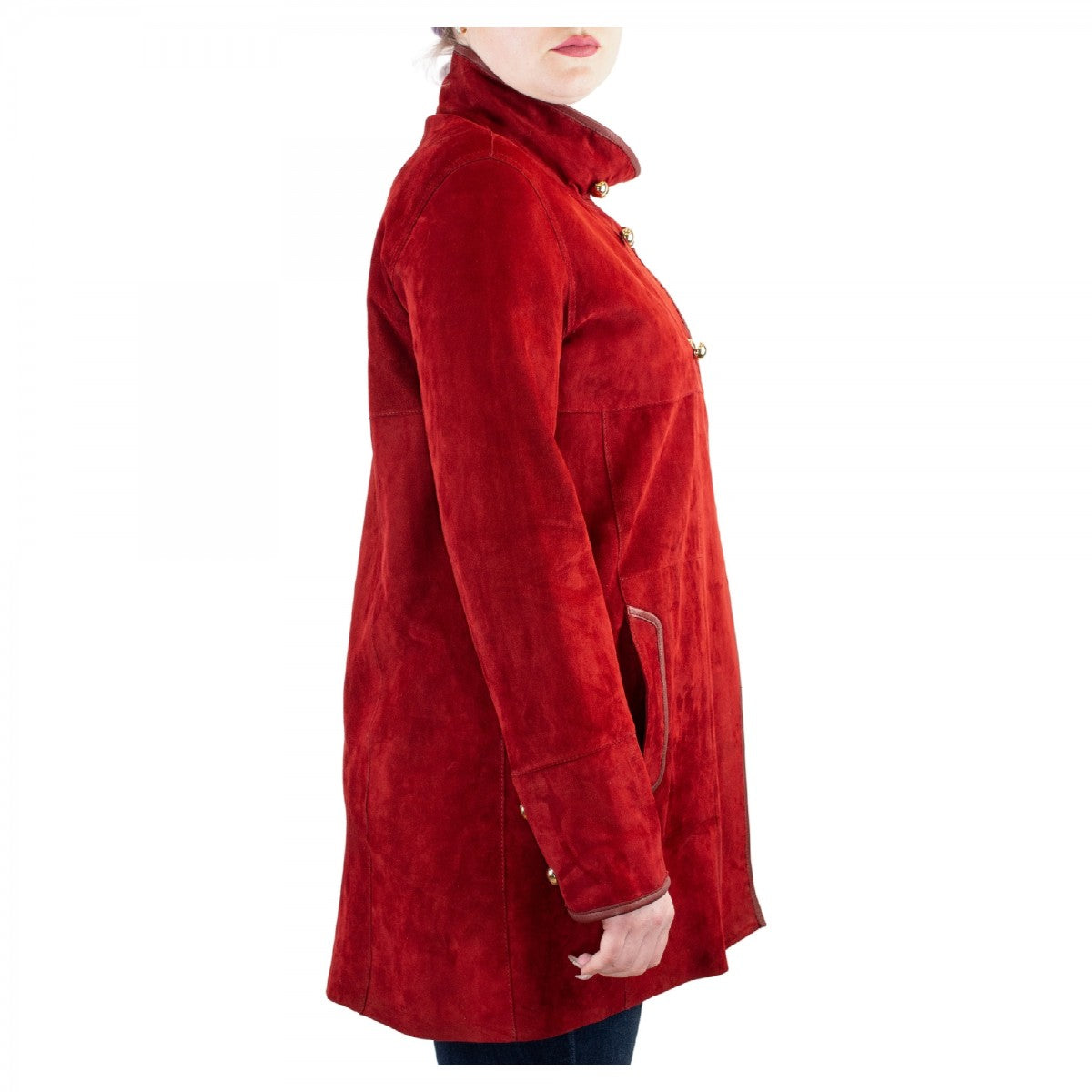 Giacca elegante reversibile Abois da donna fatta a mano in pelle di renna rossa con bottoni