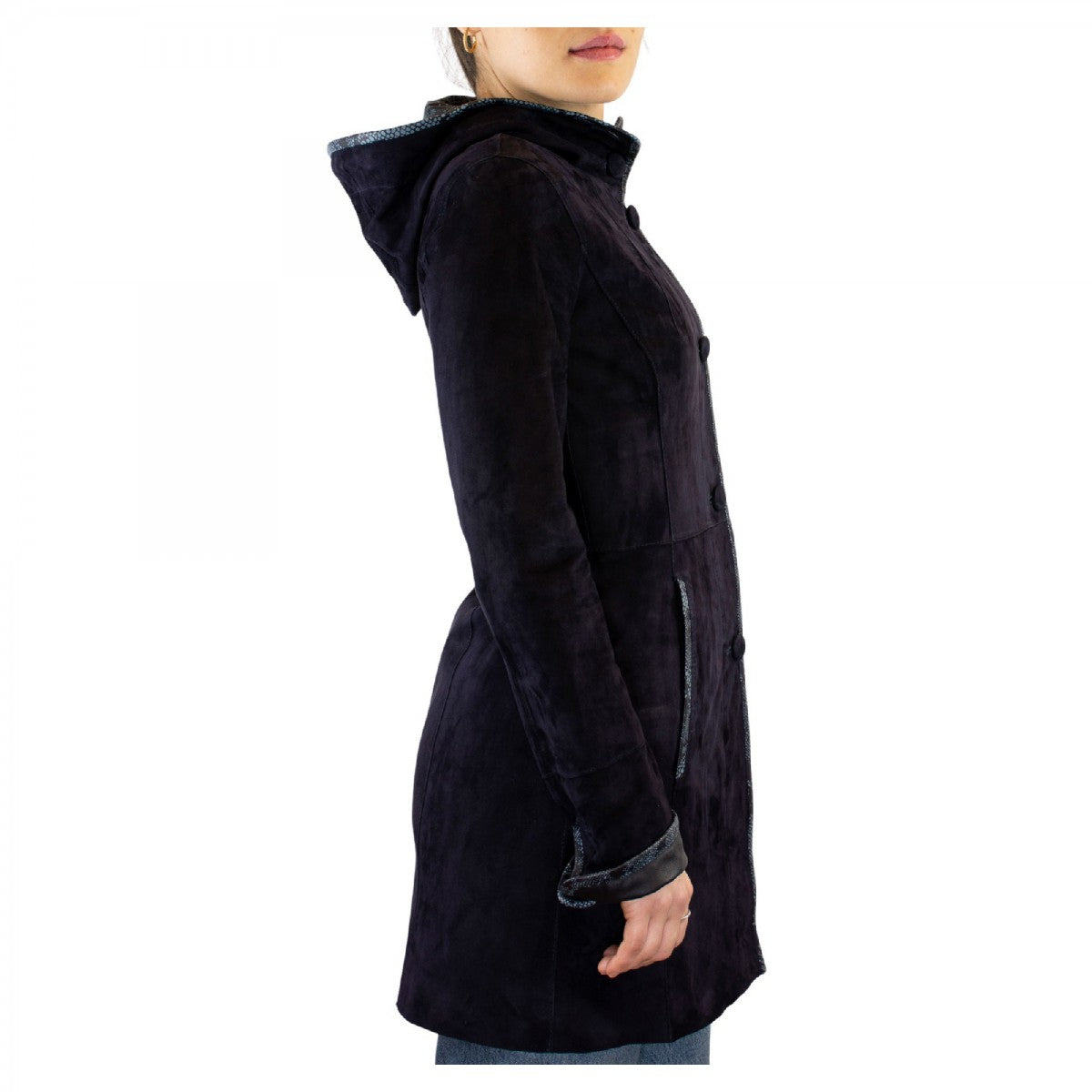 Giacca elegante reversibile da donna fatta a mano in pelle di renna e agnello blu con cappuccio