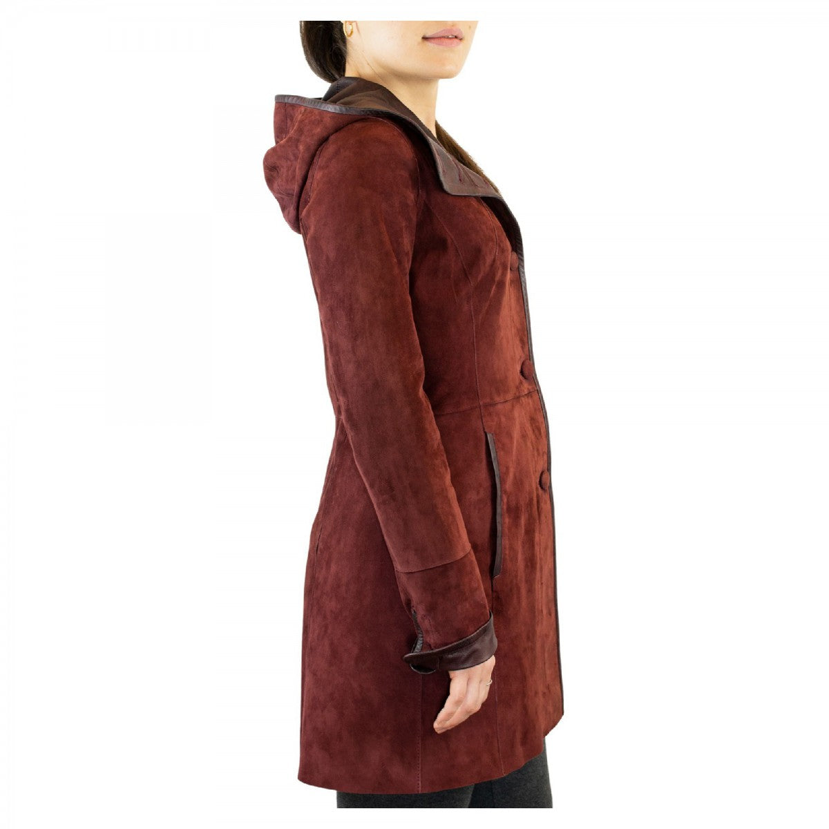 Giacca elegante reversibile da donna fatta a mano in pelle di renna e agnello bordeaux