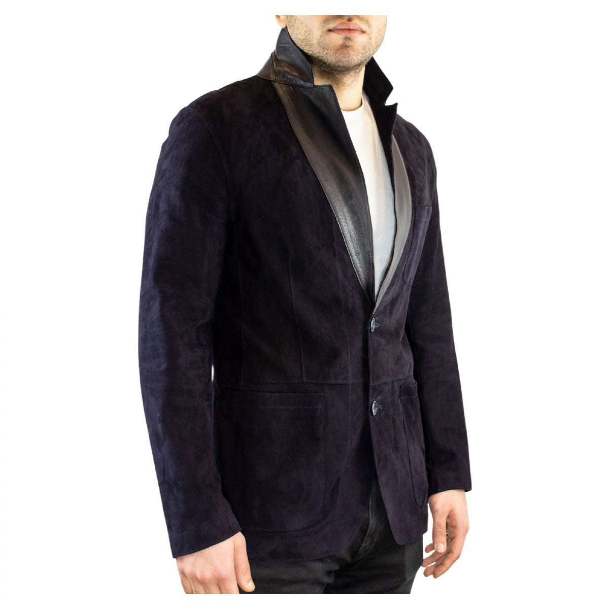 Giacca elegante reversibile da uomo fatta a mano in pelle di renna e agnello blu con bottoni