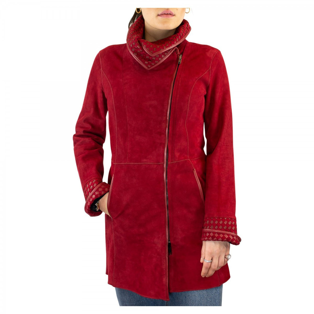 Giacca reversibile da donna fatta a mano in pelle di renna e agnello rosso