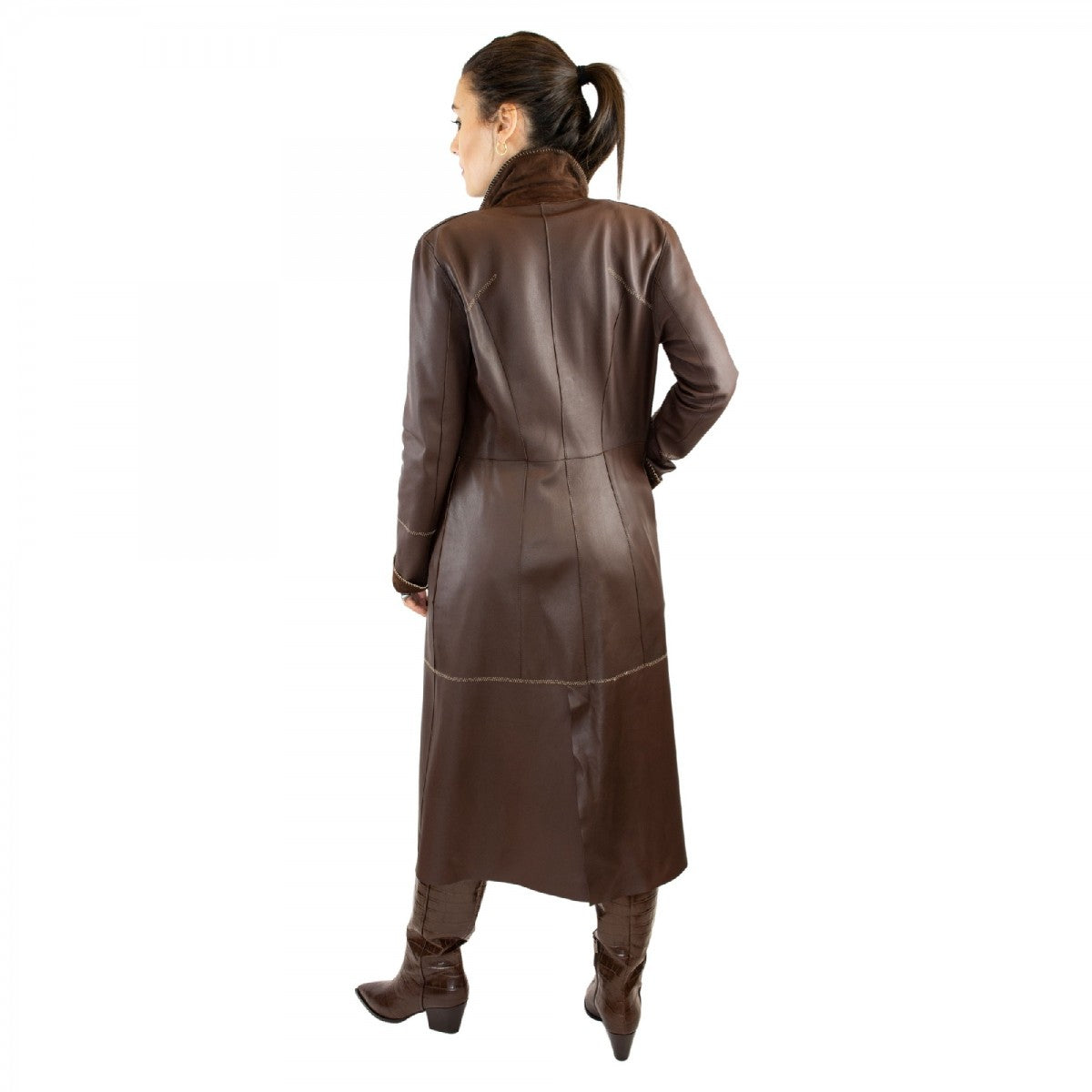 Giacca reversibile lunga elegante da donna fatta a mano in pelle marrone con cintura