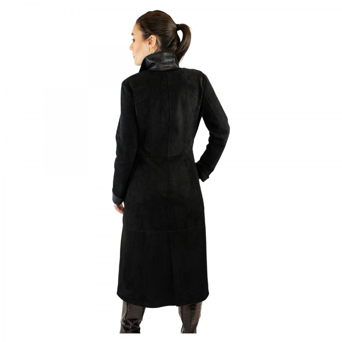 Giacca reversibile lunga elegante da donna fatta a mano in pelle nera con cintura