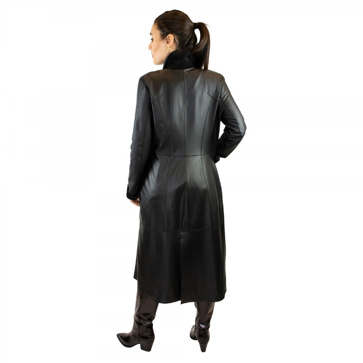 Giacca reversibile lunga elegante da donna fatta a mano in pelle nera con cintura