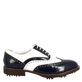 Chaussures de golf femme bicolores blanches et bleues en cuir
