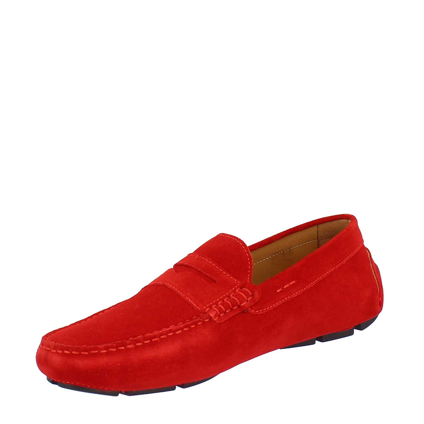 Handmade men's carshoe loafers in LEATHER red suede.
