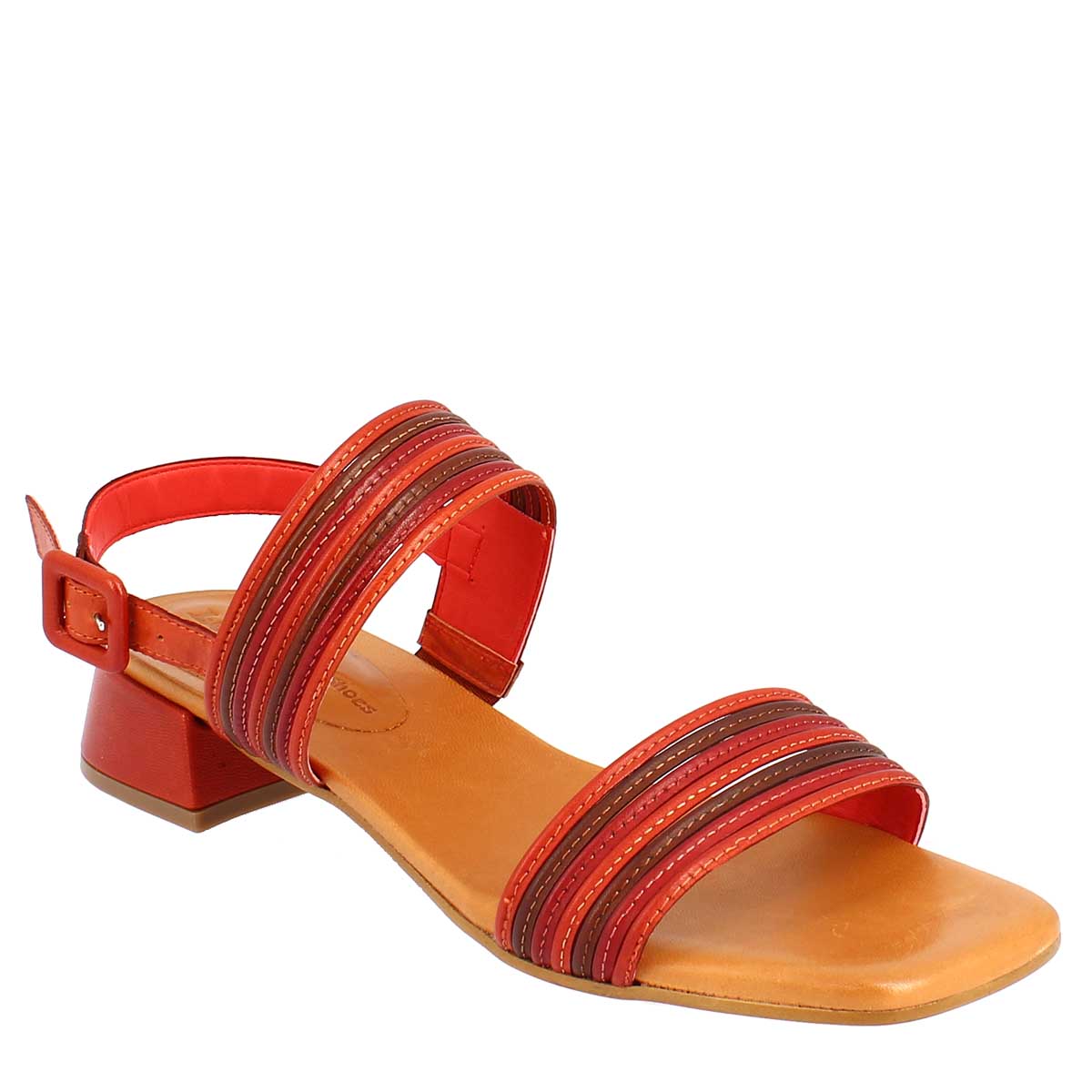 Sandali artigianali da donna slingback in pelle color rosso, arancio e cognac.