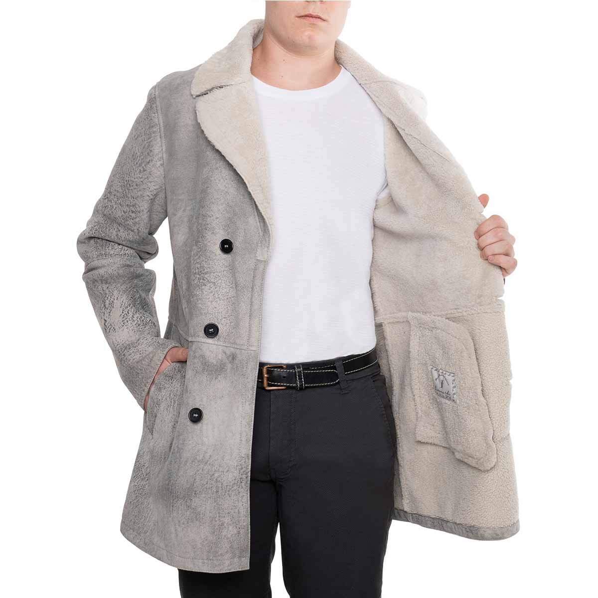 Double breasted men's jacket in gray sheepskin
