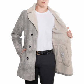 Double breasted men's jacket in gray sheepskin