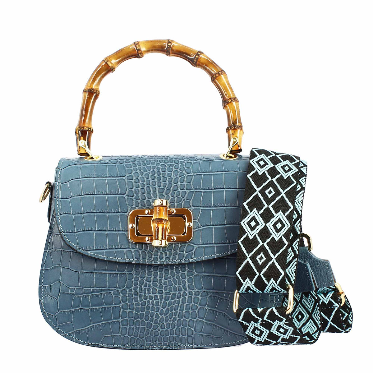 Sac à main pour femme fait main en cuir bleu clair avec bandoulière amovible