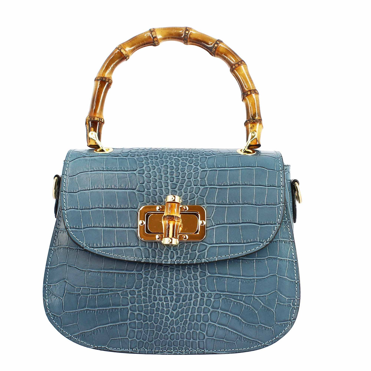 Sac à main pour femme fait main en cuir bleu clair avec bandoulière amovible