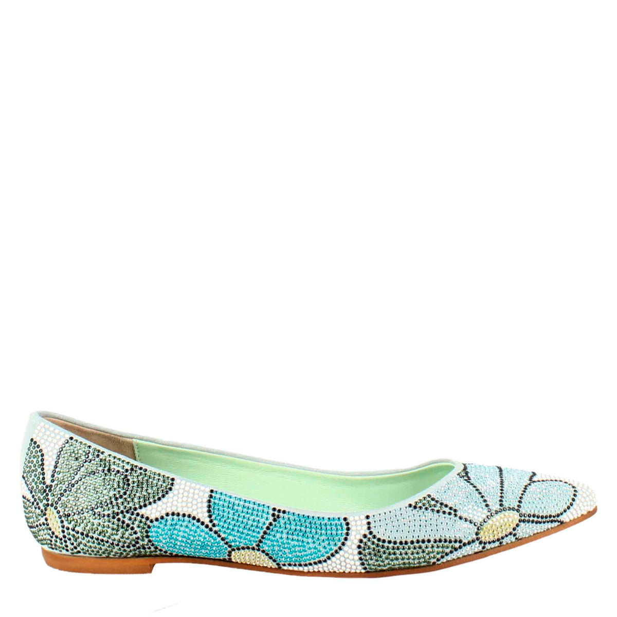 Light blue women's ballet flats in suede with rhinestones