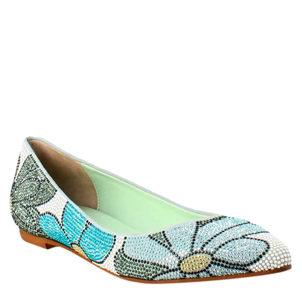 Light blue women's ballet flats in suede with rhinestones