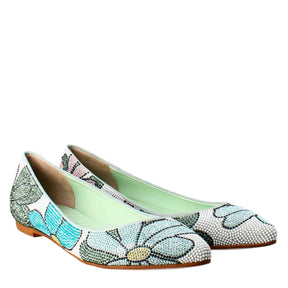 Light blue women's ballet flats in suede with rhinestones