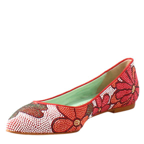 Red women's ballet flats in suede with rhinestones