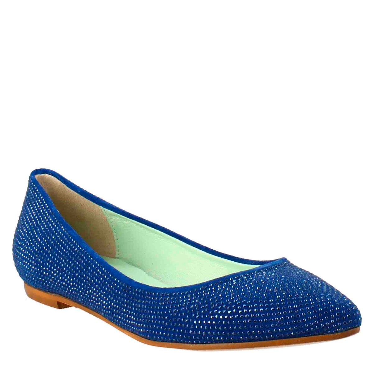 Light blue women's ballet flats in suede with rhinestones