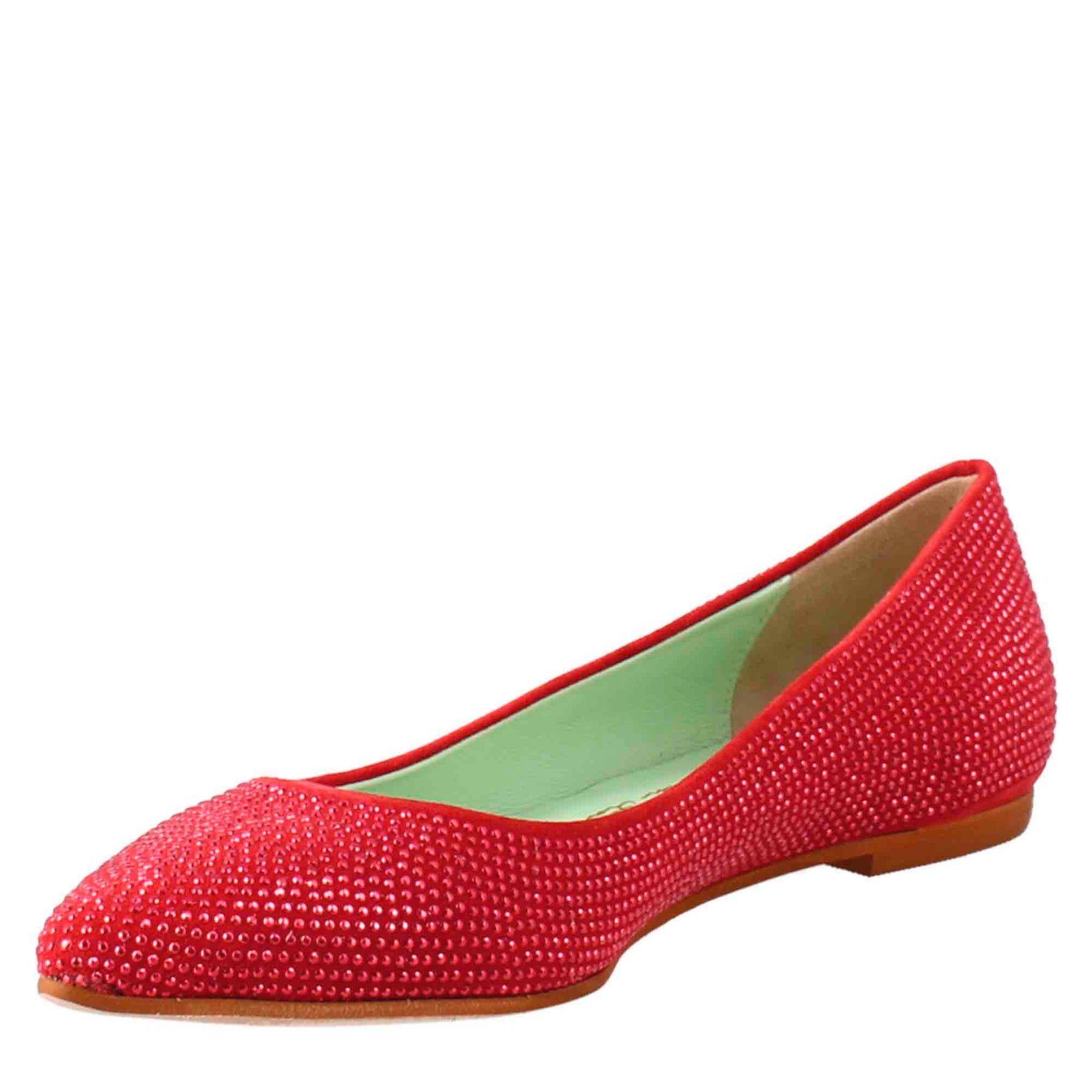 Women's red suede ballet flats with rhinestones