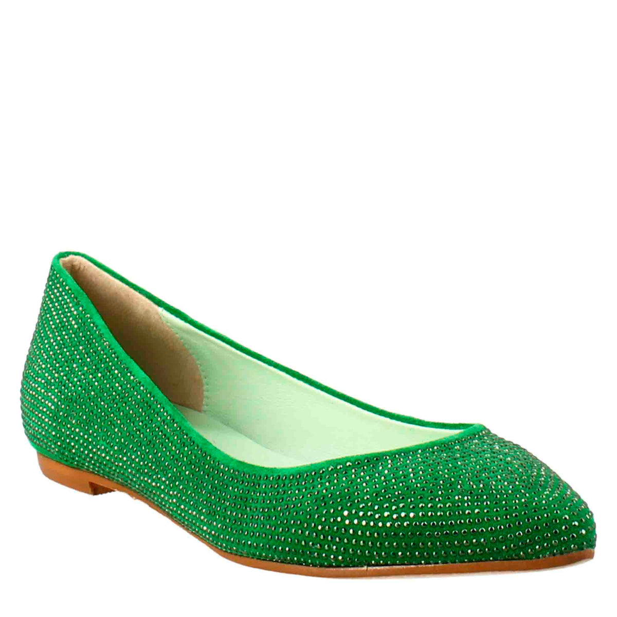 Women's green suede ballet flats with rhinestones