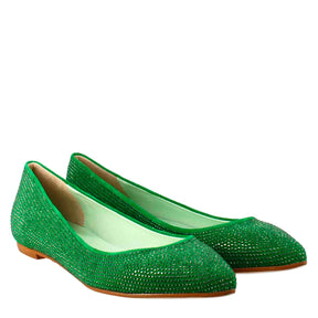 Women's green suede ballet flats with rhinestones