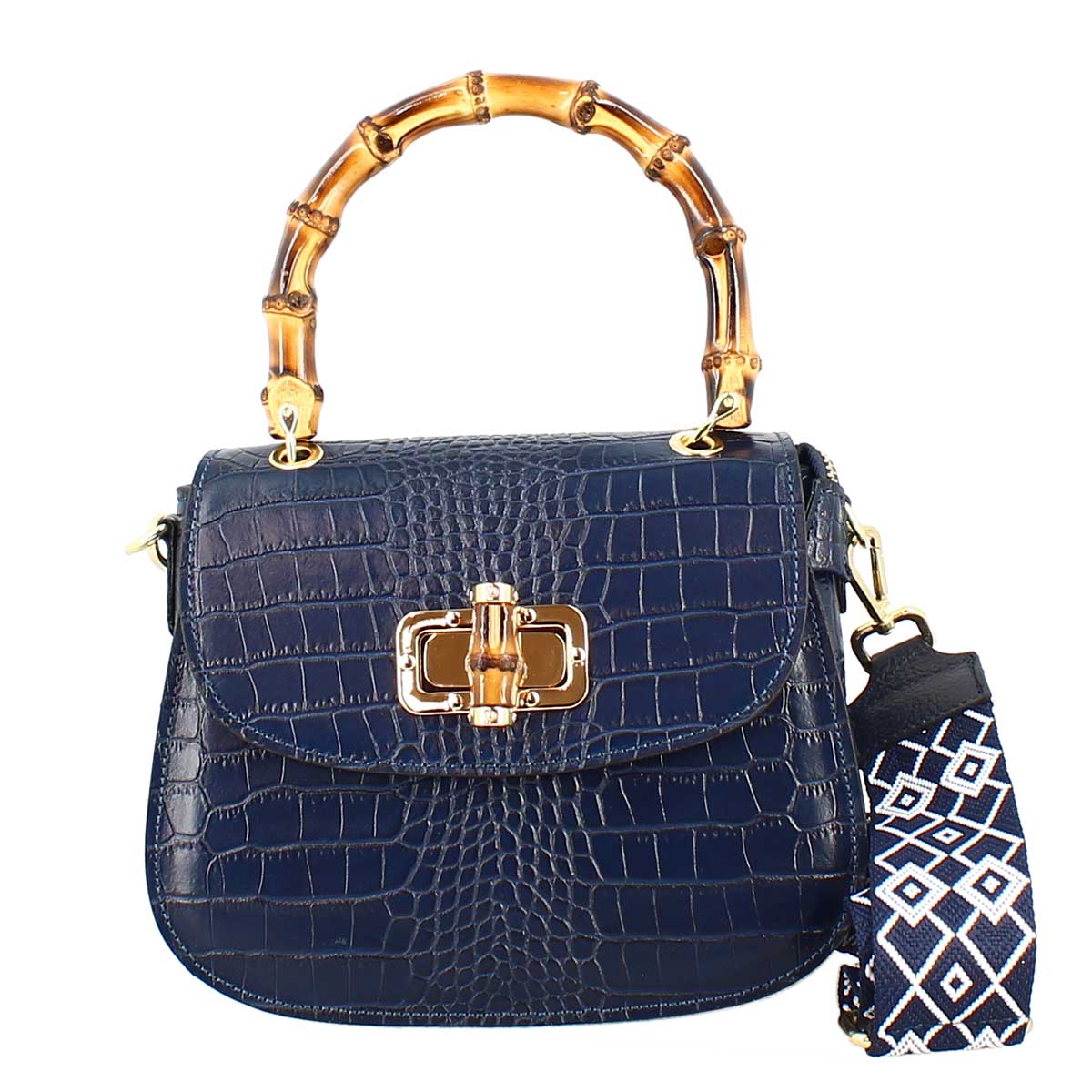 Handmade women's handbag in blue leather with removable shoulder strap