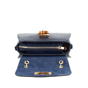 Handmade women's handbag in blue leather with removable shoulder strap