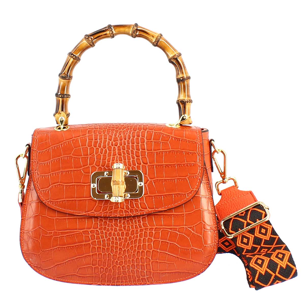 Sac à main pour femme fait main en cuir orange avec bandoulière amovible