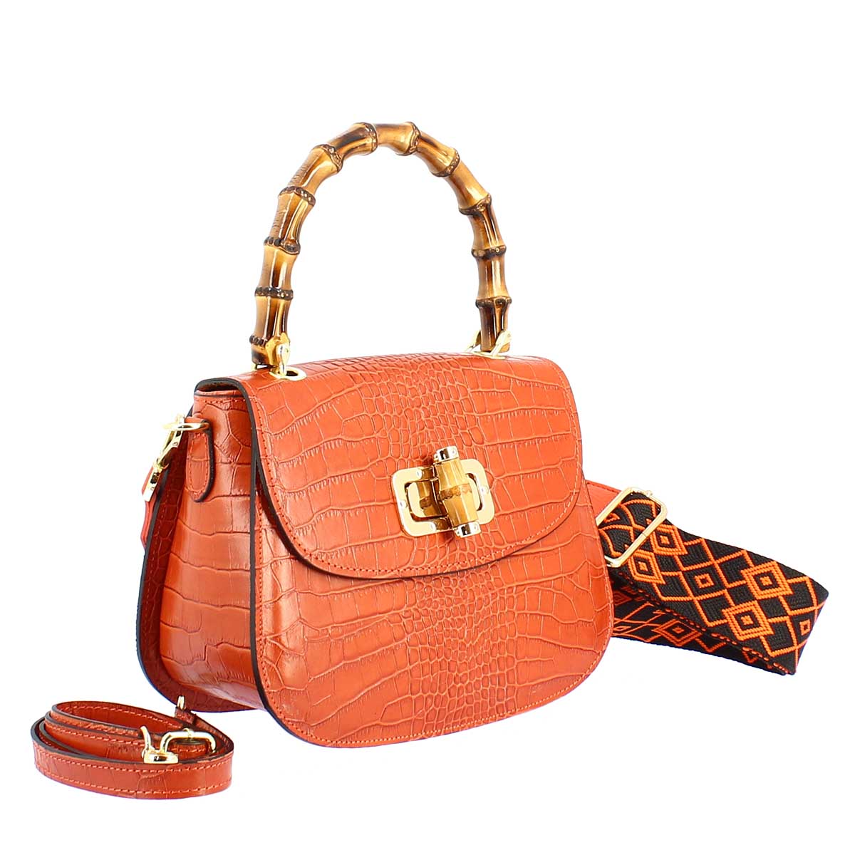 Sac à main pour femme fait main en cuir orange avec bandoulière amovible