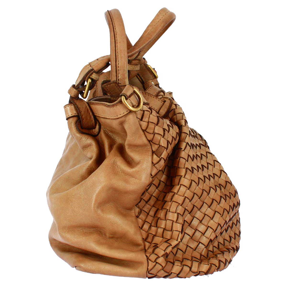 Petrarca women's bag handmade in tan woven leather with shoulder strap