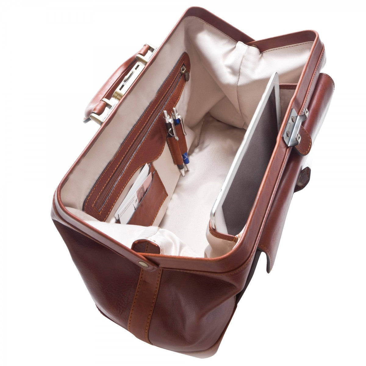 Borsa Medico in pelle pieno fiore con cerniera in metallo e tasca frontale