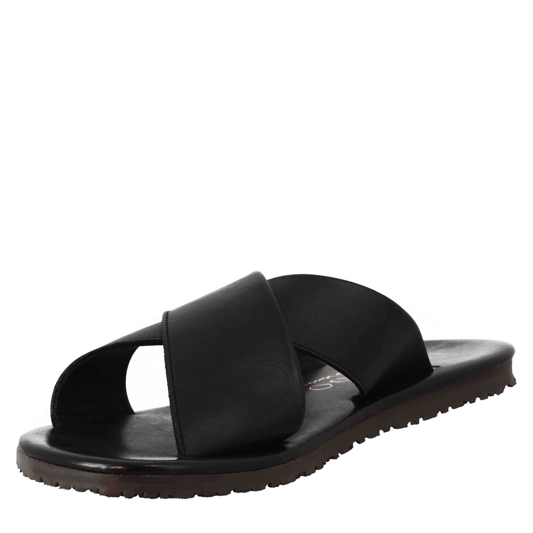 Men's handmade slipper sandals with crossed bands in black leather