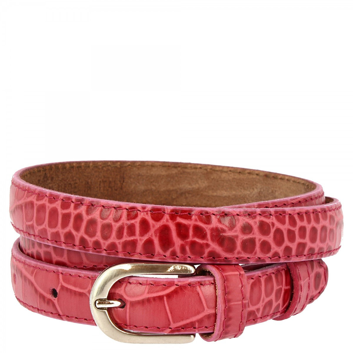 Cintura da donna fatta a mano in pelle di vitello rosa scuro stampa coccodrillo con fibbia in metallo