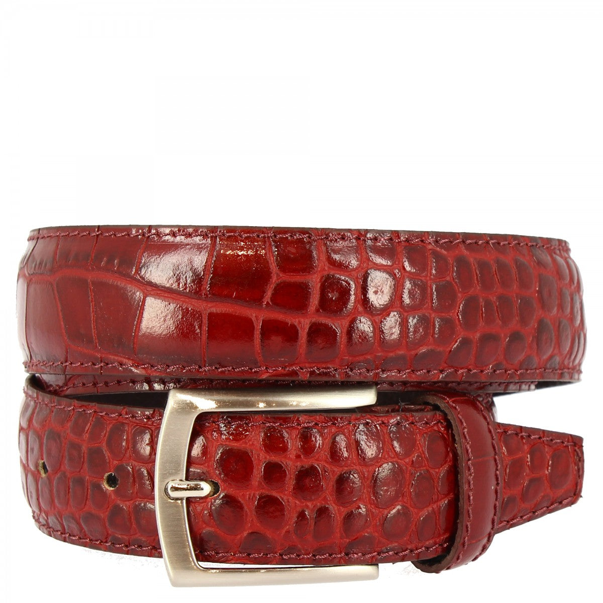 Cintura unisex fatta a mano in pelle di vitello rossa con stampa coccodrillo