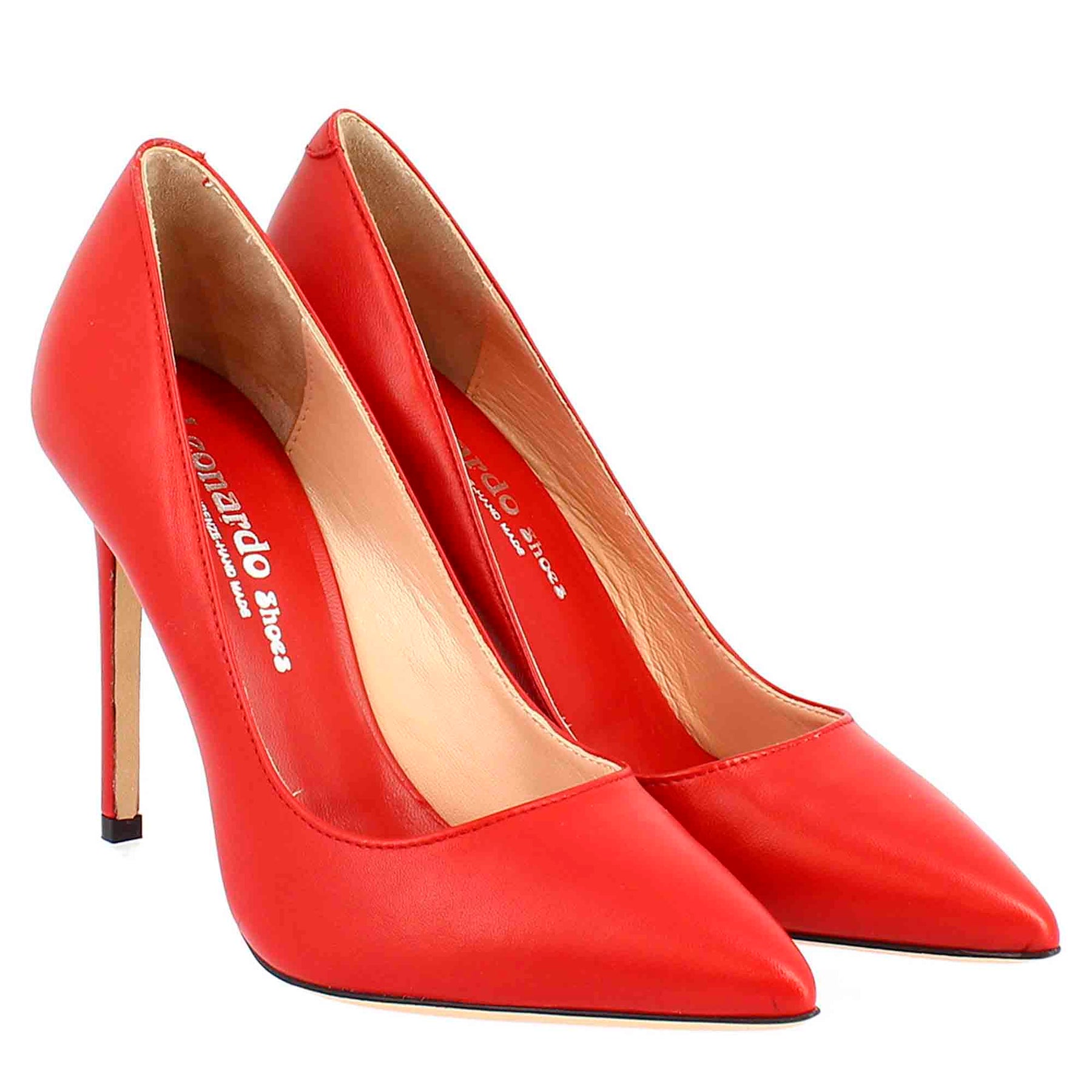 Women's handmade elegant high heels pumps shoes in red leather