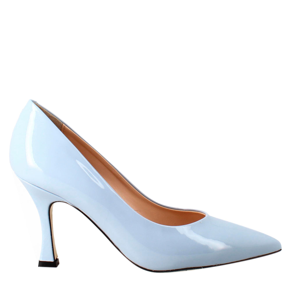 Women's décolleté in light blue patent leather with pointed toe