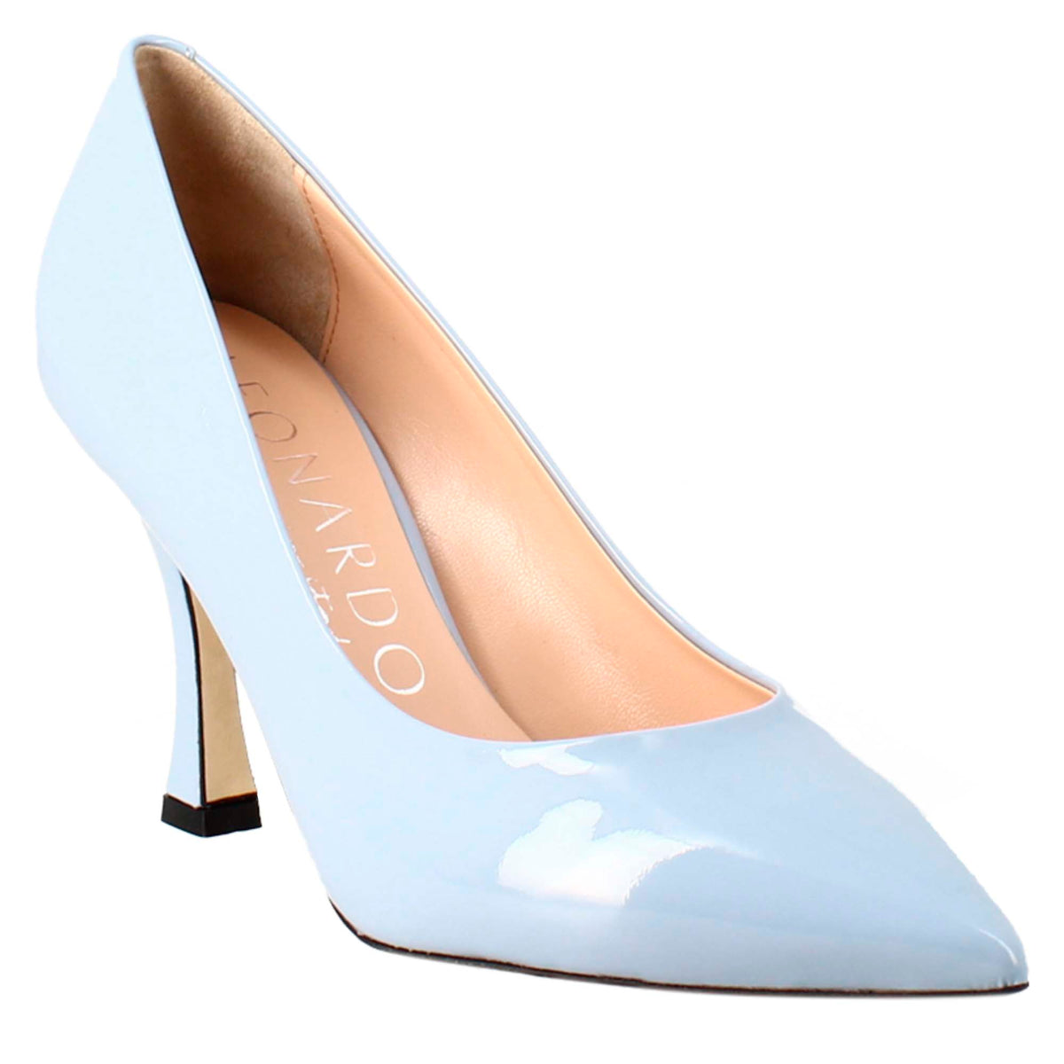 Women's décolleté in light blue patent leather with pointed toe